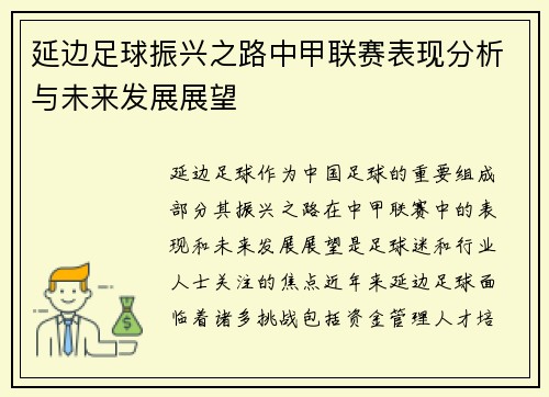 延边足球振兴之路中甲联赛表现分析与未来发展展望