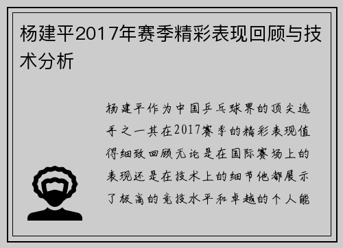 杨建平2017年赛季精彩表现回顾与技术分析