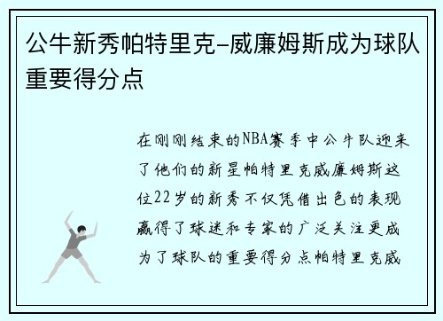 公牛新秀帕特里克-威廉姆斯成为球队重要得分点