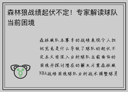 森林狼战绩起伏不定！专家解读球队当前困境